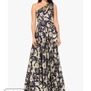 Betsy & Adam Women One Shoulder Floral Blue Gold Metallic Maxi Formal Dress 4P